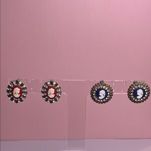 Vintage-Inspired Cameo Earrings - Blue and Red